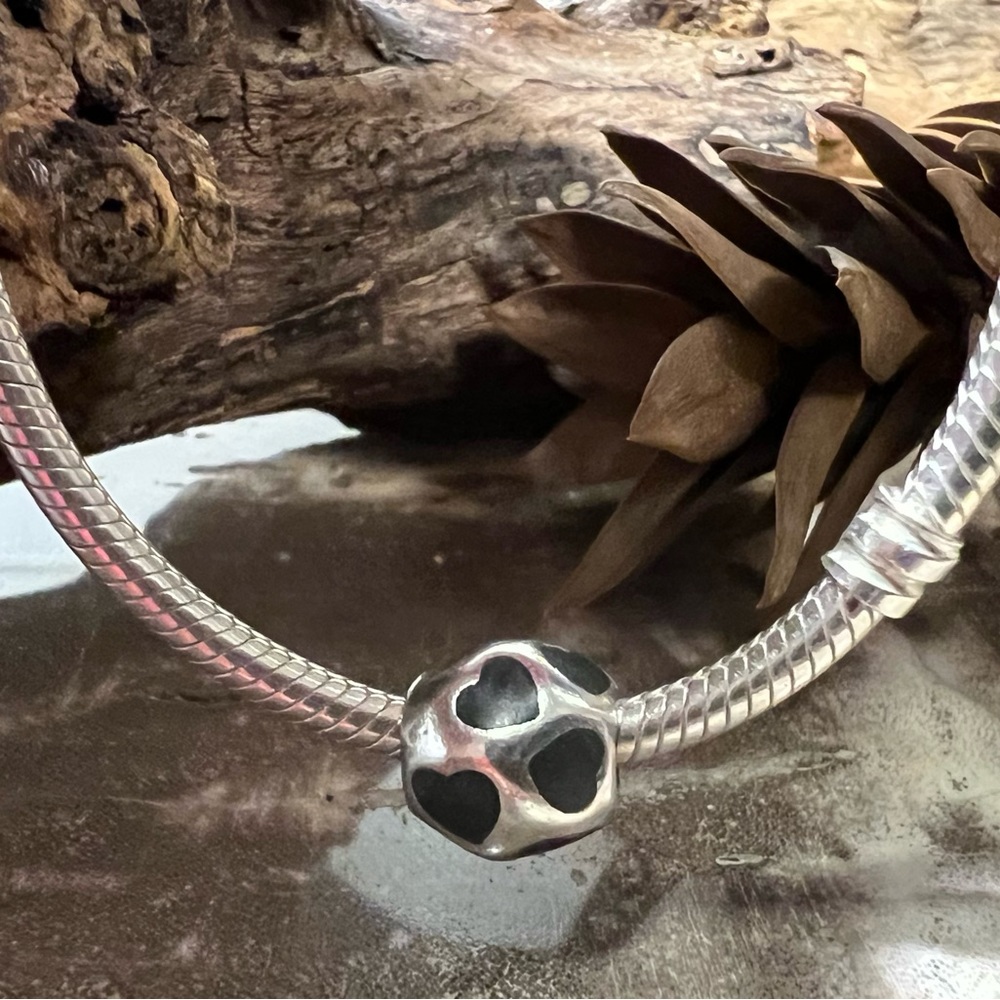 Authentic Pandora Love You Black Enamel Hearts Charm in Silver
